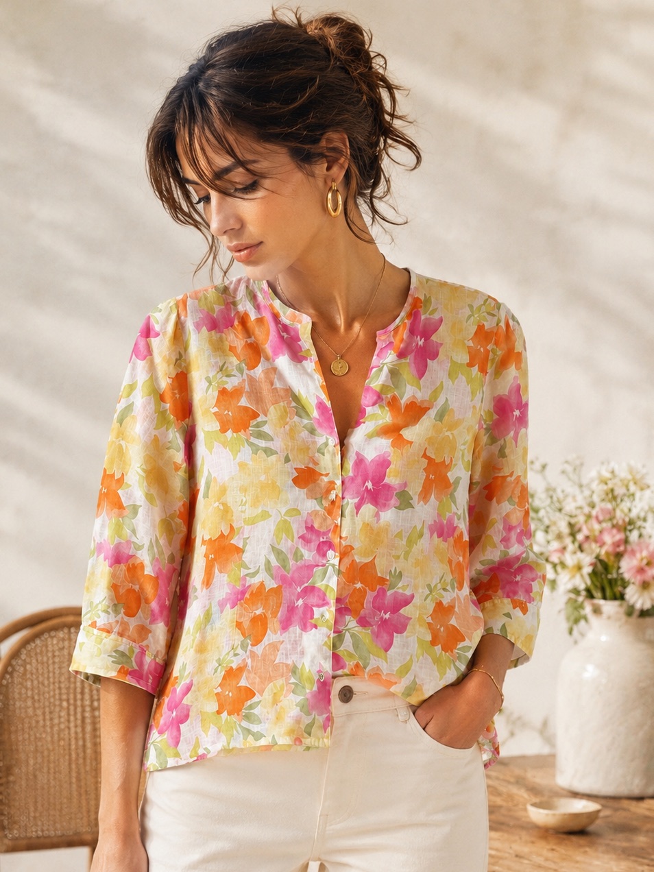 Linen Floral Blouse Vintage Talbots Size 12